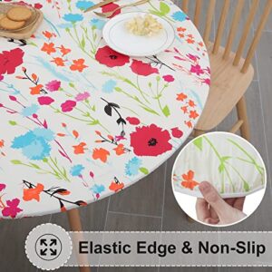 misaya Round Fitted Tablecloth with Elastic Edge, 100% Waterproof Oil Proof Plastic Table Cover, Vinyl Flannel Backed Table Cloth Fits 36"-44" Round Tables for Dinner, Outdoor, Picnic, Flowers