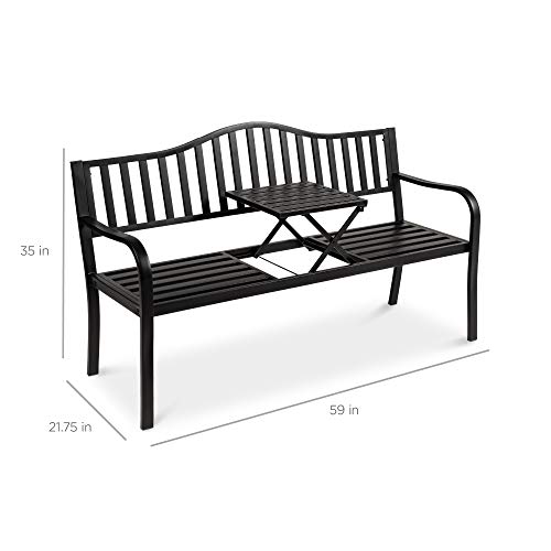 Best Choice Products Outdoor Garden Bench with Pullout Middle Table, Double Seat Steel Metal for Patio, Porch, Backyard w/Weather- Resistant Frame, 600lb Weight Capacity - Black