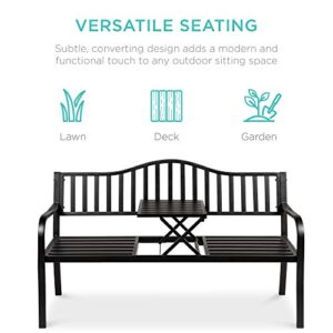 Best Choice Products Outdoor Garden Bench with Pullout Middle Table, Double Seat Steel Metal for Patio, Porch, Backyard w/Weather- Resistant Frame, 600lb Weight Capacity - Black