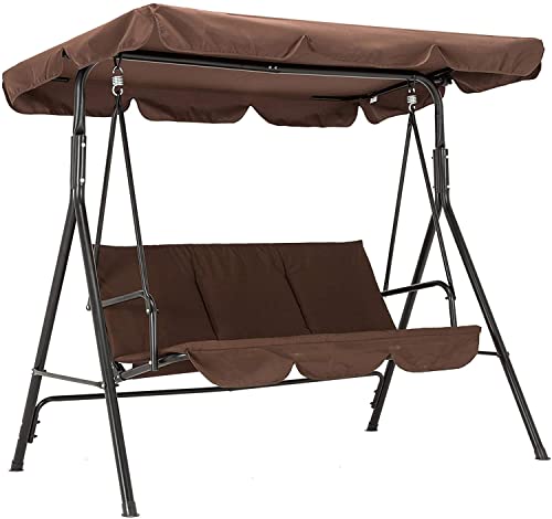 Patio Swing Chair, Outdoor Swing Pools Patio Swings with Canopy Hammock Bench Steel 3-Person Seat with Canopy Leisure Swing Chairs Suitable for Picnic Camping Garden Party Use（Coffee）