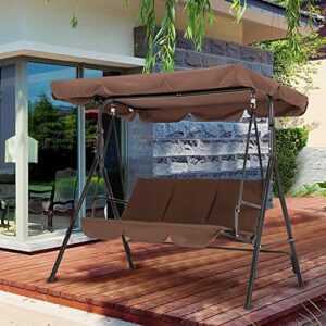 Patio Swing Chair, Outdoor Swing Pools Patio Swings with Canopy Hammock Bench Steel 3-Person Seat with Canopy Leisure Swing Chairs Suitable for Picnic Camping Garden Party Use（Coffee）