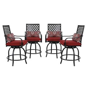phi villa patio outdoor swivel bar stools set of 4, patio bar height bistro dining chairs all weather metal garden furniture sets with cushion and armrest, red