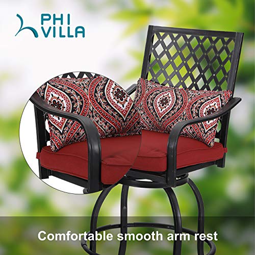 PHI VILLA Patio Outdoor Swivel Bar Stools Set of 4, Patio Bar Height Bistro Dining Chairs All Weather Metal Garden Furniture Sets with Cushion and Armrest, Red