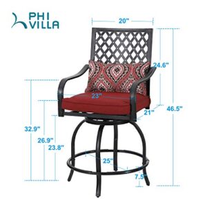 PHI VILLA Patio Outdoor Swivel Bar Stools Set of 4, Patio Bar Height Bistro Dining Chairs All Weather Metal Garden Furniture Sets with Cushion and Armrest, Red