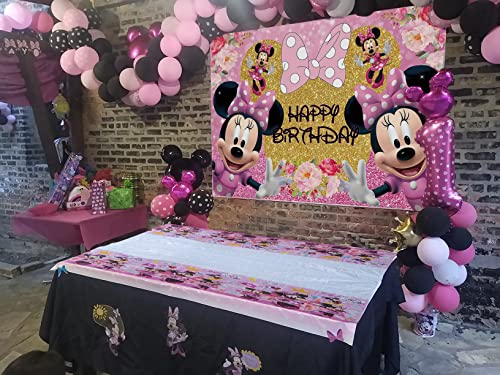 Pink Mouse Backdrop and Tablecloth for Gilrs Birthday Party Mouse Glitter Hapyy Birthday Backdrop 6x4ft Mouse Tablecloth Baby Shower Cake Table Decoration