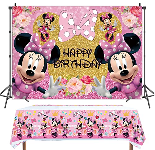 Pink Mouse Backdrop and Tablecloth for Gilrs Birthday Party Mouse Glitter Hapyy Birthday Backdrop 6x4ft Mouse Tablecloth Baby Shower Cake Table Decoration