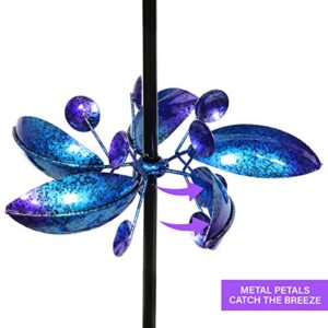 Exhart Wind Spinner, Lotus Flower Garden Stake with 4 Flowers, Wind Powered Metal Outdoor Garden Decor and Yard Art, 17 x 72 Inch