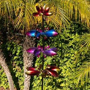 Exhart Wind Spinner, Lotus Flower Garden Stake with 4 Flowers, Wind Powered Metal Outdoor Garden Decor and Yard Art, 17 x 72 Inch