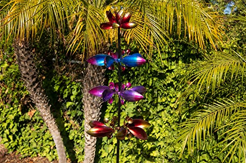 Exhart Wind Spinner, Lotus Flower Garden Stake with 4 Flowers, Wind Powered Metal Outdoor Garden Decor and Yard Art, 17 x 72 Inch