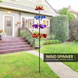 Exhart Wind Spinner, Lotus Flower Garden Stake with 4 Flowers, Wind Powered Metal Outdoor Garden Decor and Yard Art, 17 x 72 Inch