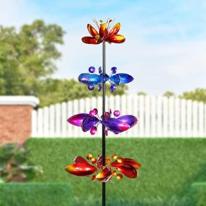 Exhart Wind Spinner, Lotus Flower Garden Stake with 4 Flowers, Wind Powered Metal Outdoor Garden Decor and Yard Art, 17 x 72 Inch