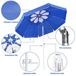 CLISPEED 7ft Beach Umbrella for Sand Aluminum Pole UV 50+ Protection Outdoor Windproof Beach Umbrella with Sand Anchor Portable Carry Bag for Beach Patio Lawn Garden Backyard (Dark Blue)