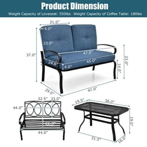 Tangkula Patio Loveseat with Table Set, 2 Seat Cushioned Sofa with Coffee Table, Patio Conversation Sofa Set with Rustproof Frame, 2 Pieces Outdoor Furniture Set for Garden, Poolside, Balcony (Blue)