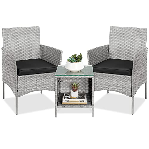 Best Choice Products 3-Piece Outdoor Wicker Conversation Bistro Set, Space Saving Patio Furniture for Yard, Garden w/ 2 Chairs, 2 Cushions, Side Storage Table - Gray/Black