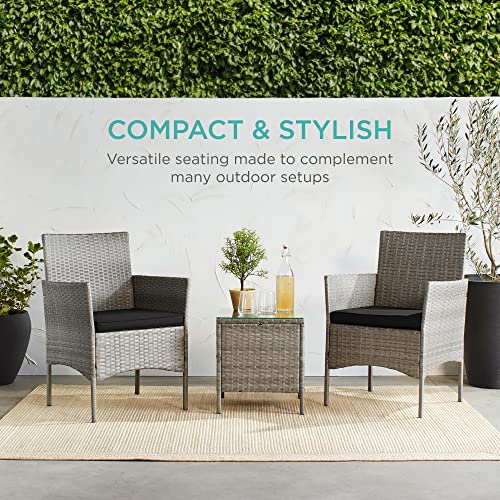 Best Choice Products 3-Piece Outdoor Wicker Conversation Bistro Set, Space Saving Patio Furniture for Yard, Garden w/ 2 Chairs, 2 Cushions, Side Storage Table - Gray/Black