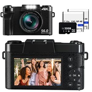 Saneen Digital Camera, 4K & 56MP Cameras for Photography, Small & Compact Vlogging Video Camera for Teens, Kids, Beginners, Equipped with 16X Digital Zoom, 32GB SD Card & 2 Rechargeable Batteries