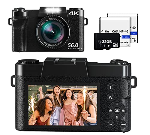 Saneen Digital Camera, 4K & 56MP Cameras for Photography, Small & Compact Vlogging Video Camera for Teens, Kids, Beginners, Equipped with 16X Digital Zoom, 32GB SD Card & 2 Rechargeable Batteries