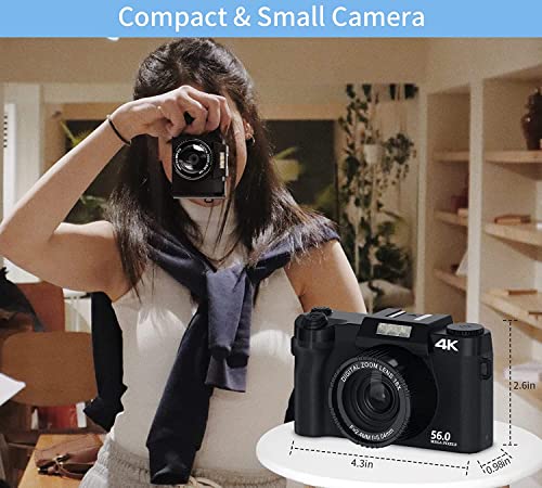 Saneen Digital Camera, 4K & 56MP Cameras for Photography, Small & Compact Vlogging Video Camera for Teens, Kids, Beginners, Equipped with 16X Digital Zoom, 32GB SD Card & 2 Rechargeable Batteries