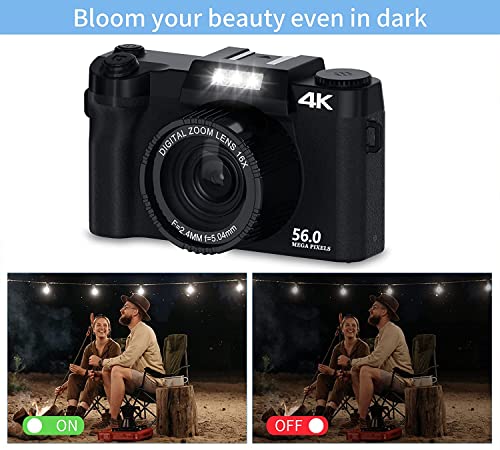 Saneen Digital Camera, 4K & 56MP Cameras for Photography, Small & Compact Vlogging Video Camera for Teens, Kids, Beginners, Equipped with 16X Digital Zoom, 32GB SD Card & 2 Rechargeable Batteries