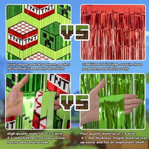 Bupelo Pixel Game Themed Party Supplies,4 Pack Creeper & TNT Tinsel Foil Fringe Curtains,Miner Themed Photo Booth Prop Backdrop Streamer,Miner Crafting Birthday Party Decorations,Room Decor for Kids