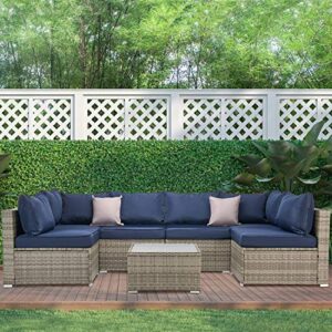 laurel canyon outdoor patio furniture 7 piece rattan sectional sofa, wicker conversation sets with faux wood top tea table and cushions, gray