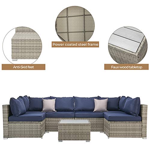 Laurel Canyon Outdoor Patio Furniture 7 Piece Rattan Sectional Sofa, Wicker Conversation Sets with Faux Wood Top Tea Table and Cushions, Gray