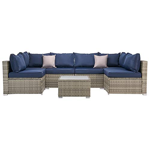 Laurel Canyon Outdoor Patio Furniture 7 Piece Rattan Sectional Sofa, Wicker Conversation Sets with Faux Wood Top Tea Table and Cushions, Gray