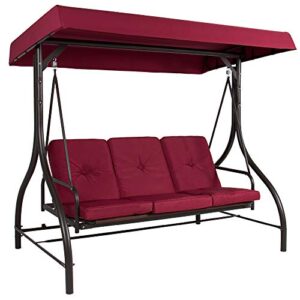 best choice products 3-seat outdoor large converting canopy swing glider, patio hammock lounge chair for porch, backyard w/flatbed, adjustable shade, removable cushions – burgundy
