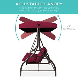 Best Choice Products 3-Seat Outdoor Large Converting Canopy Swing Glider, Patio Hammock Lounge Chair for Porch, Backyard w/Flatbed, Adjustable Shade, Removable Cushions - Burgundy