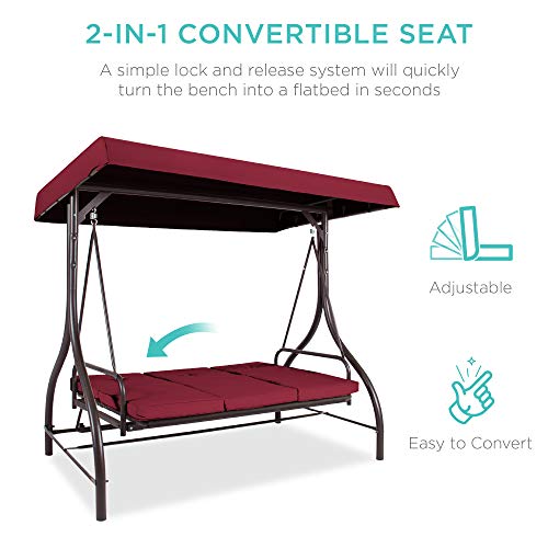 Best Choice Products 3-Seat Outdoor Large Converting Canopy Swing Glider, Patio Hammock Lounge Chair for Porch, Backyard w/Flatbed, Adjustable Shade, Removable Cushions - Burgundy
