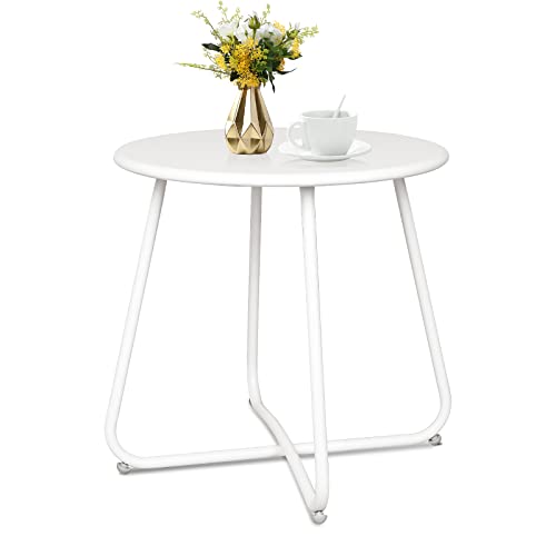 Babion Patio Side Table, Outdoor Side Table, White Small Round End Table, Weather Resistant Steel Outdoor Table for Patio Yard Garden Balcony, Waterproof Metal Side Table