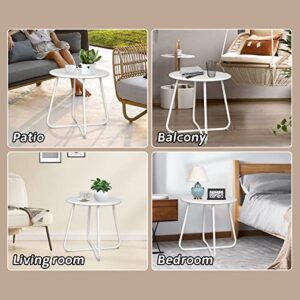 Babion Patio Side Table, Outdoor Side Table, White Small Round End Table, Weather Resistant Steel Outdoor Table for Patio Yard Garden Balcony, Waterproof Metal Side Table