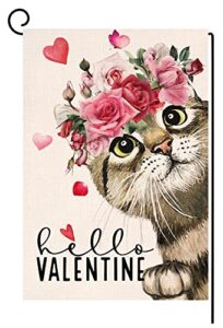valentines cat garden flag 12×18 vertical double sided red pink rose love heart spring farmhouse holiday outside decorations burlap yard flag bw237