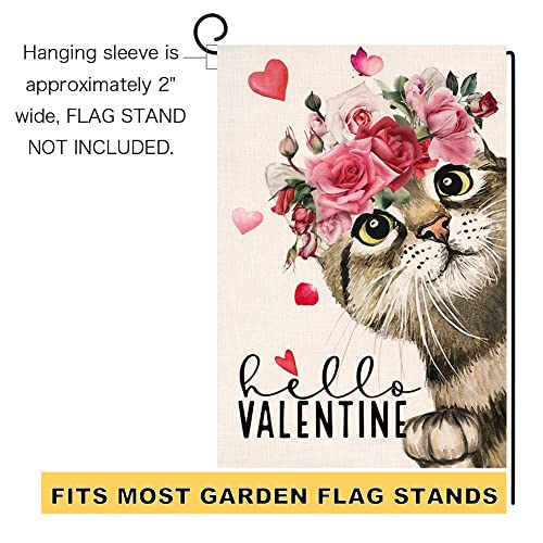 Valentines Cat Garden Flag 12x18 Vertical Double Sided Red Pink Rose Love Heart Spring Farmhouse Holiday Outside Decorations Burlap Yard Flag BW237