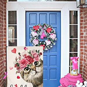 Valentines Cat Garden Flag 12x18 Vertical Double Sided Red Pink Rose Love Heart Spring Farmhouse Holiday Outside Decorations Burlap Yard Flag BW237