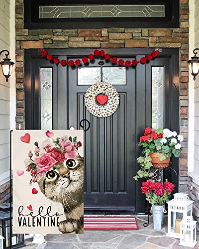 Valentines Cat Garden Flag 12x18 Vertical Double Sided Red Pink Rose Love Heart Spring Farmhouse Holiday Outside Decorations Burlap Yard Flag BW237