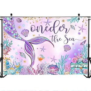 Mocsicka Oneder The Sea 1st Birthday Backdrop 7x5ft Purple Mermaid Under The Sea Happy First Birthday Party Decorations for Girls Starfish Shell Seaweed Photography Background