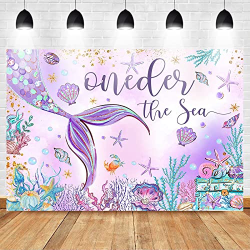 Mocsicka Oneder The Sea 1st Birthday Backdrop 7x5ft Purple Mermaid Under The Sea Happy First Birthday Party Decorations for Girls Starfish Shell Seaweed Photography Background