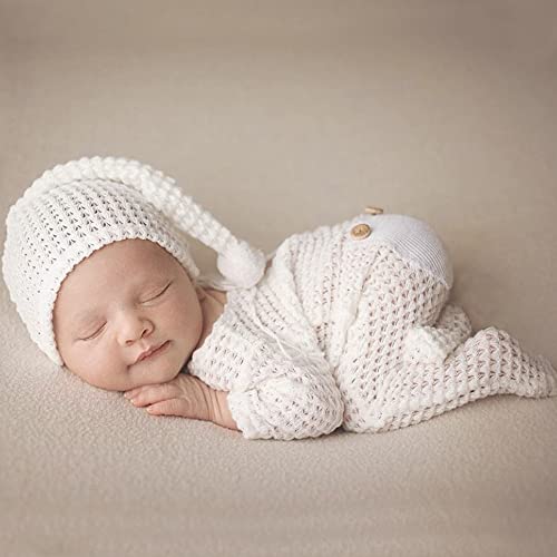 Newborn Baby Photo Shoot Props Girl Boy Crochet Knit Hat Costume Stripe Hat Pants Overalls Photography Props (off white)