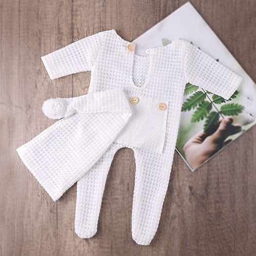 Newborn Baby Photo Shoot Props Girl Boy Crochet Knit Hat Costume Stripe Hat Pants Overalls Photography Props (off white)