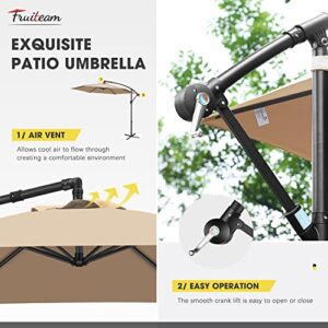 FRUITEAM 10FT Patio Offset Umbrella Cantilever Umbrella, Large Hanging Market Umbrella Large with Crank & Cross Bar, Waterproof UV Protection Outdoor Umbrella with Ventilation for Backyard/Garden