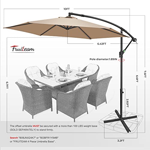 FRUITEAM 10FT Patio Offset Umbrella Cantilever Umbrella, Large Hanging Market Umbrella Large with Crank & Cross Bar, Waterproof UV Protection Outdoor Umbrella with Ventilation for Backyard/Garden