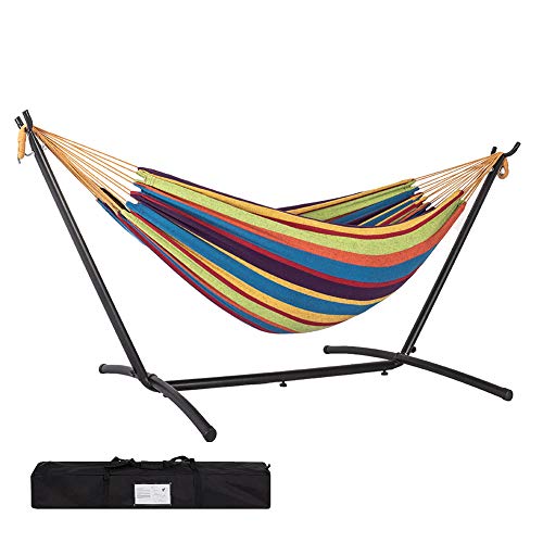 Prime Garden Cotton Rope Hammock with Space Saving Steel Hammock Stand, 2 Person Double Freestanding Hammock with Carry Bag for Outdoor Patio Yard Backyard 450 lb Capacity (Elegant Rainbow Stripe)