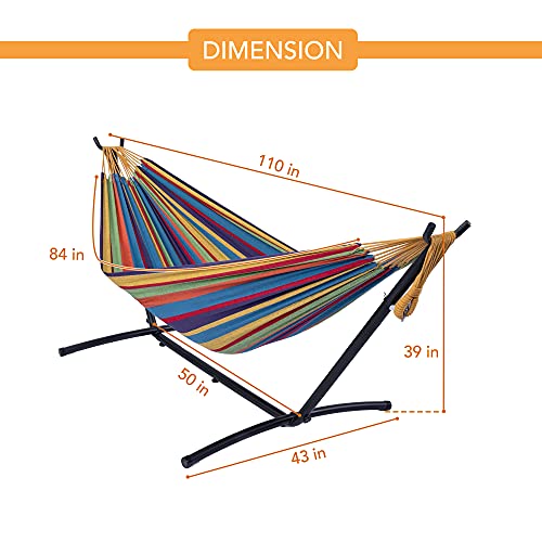 Prime Garden Cotton Rope Hammock with Space Saving Steel Hammock Stand, 2 Person Double Freestanding Hammock with Carry Bag for Outdoor Patio Yard Backyard 450 lb Capacity (Elegant Rainbow Stripe)