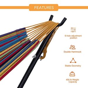 Prime Garden Cotton Rope Hammock with Space Saving Steel Hammock Stand, 2 Person Double Freestanding Hammock with Carry Bag for Outdoor Patio Yard Backyard 450 lb Capacity (Elegant Rainbow Stripe)