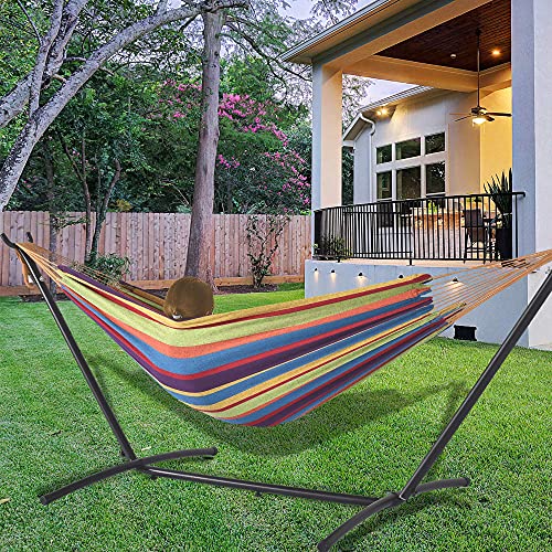 Prime Garden Cotton Rope Hammock with Space Saving Steel Hammock Stand, 2 Person Double Freestanding Hammock with Carry Bag for Outdoor Patio Yard Backyard 450 lb Capacity (Elegant Rainbow Stripe)