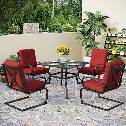 PHI VILLA 5 Pcs Patio Dining Table and Chair Set, 4 pcs C-Spring Relaxing Cushioned Sofa Chairs & 1 Sqaure 37"x 37" Outdoor Table with 1.57" Umbrella Hole, Patio Furniture for Garden Red Cushion