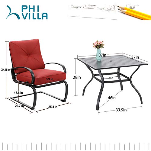 PHI VILLA 5 Pcs Patio Dining Table and Chair Set, 4 pcs C-Spring Relaxing Cushioned Sofa Chairs & 1 Sqaure 37"x 37" Outdoor Table with 1.57" Umbrella Hole, Patio Furniture for Garden Red Cushion