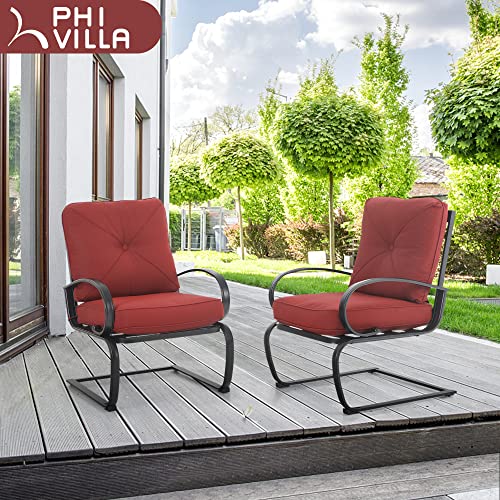 PHI VILLA 5 Pcs Patio Dining Table and Chair Set, 4 pcs C-Spring Relaxing Cushioned Sofa Chairs & 1 Sqaure 37"x 37" Outdoor Table with 1.57" Umbrella Hole, Patio Furniture for Garden Red Cushion