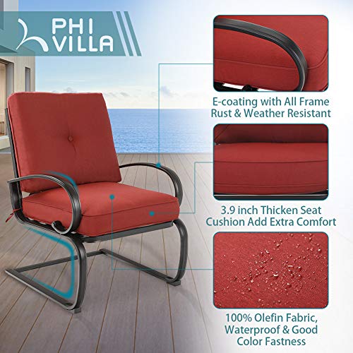 PHI VILLA 5 Pcs Patio Dining Table and Chair Set, 4 pcs C-Spring Relaxing Cushioned Sofa Chairs & 1 Sqaure 37"x 37" Outdoor Table with 1.57" Umbrella Hole, Patio Furniture for Garden Red Cushion